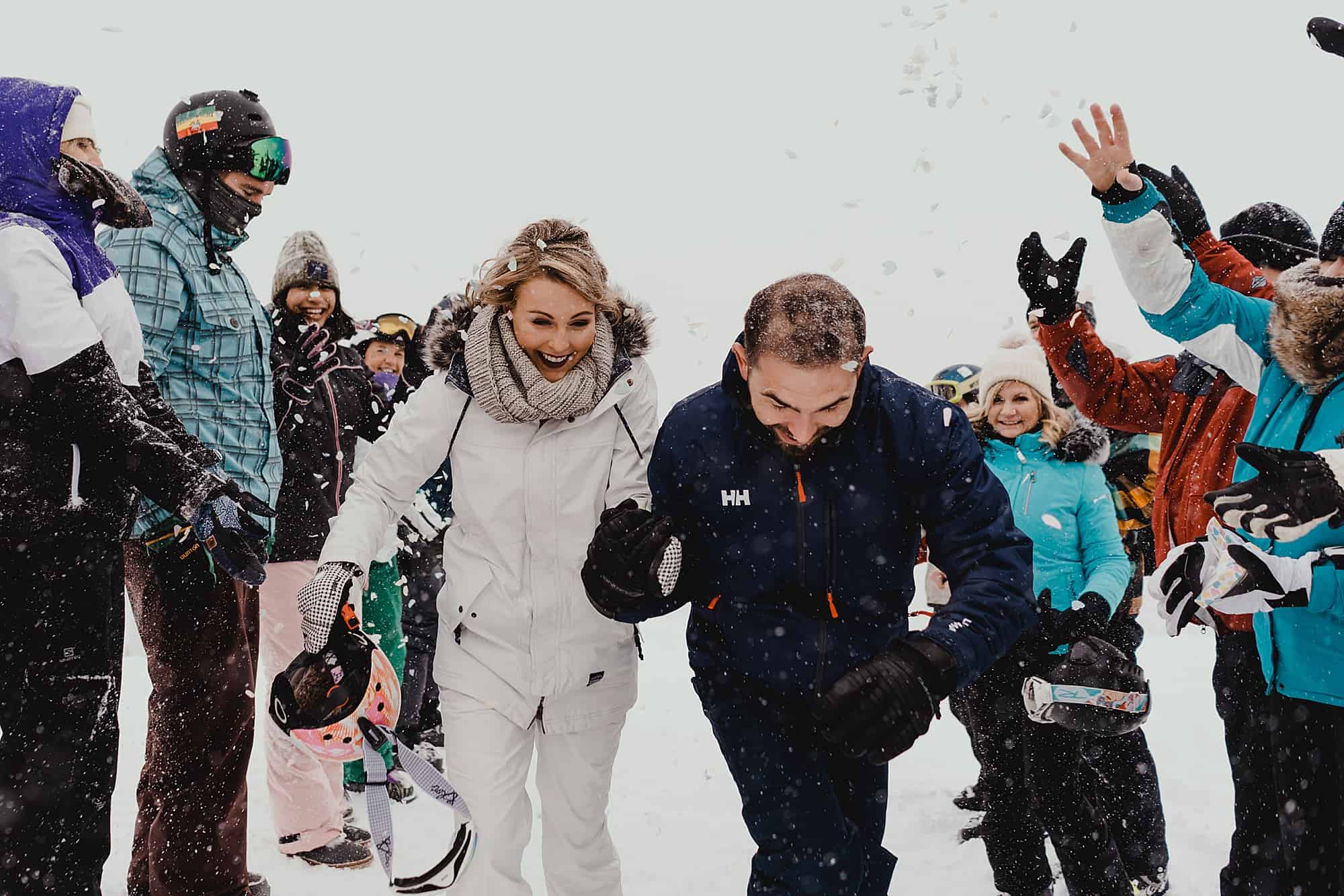 snow confetti whistler skiing wedding