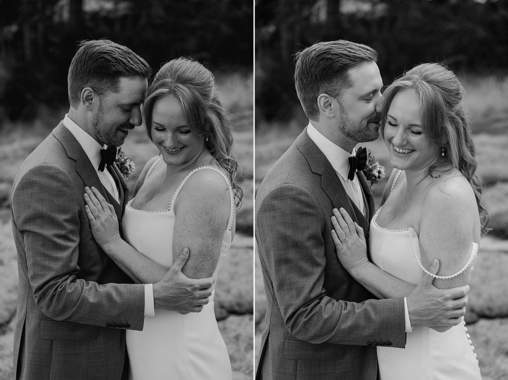 A man in a suit embraces a woman in a dress outdoors. Both are smiling and appear happy in the two side-by-side black and white photos.