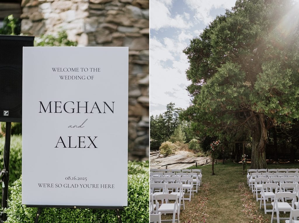 A wedding sign reads "Welcome to the wedding of Meghan and Alex, 08.16.2023, We're so glad you're here" next to an outdoor ceremony setup with white chairs and trees.