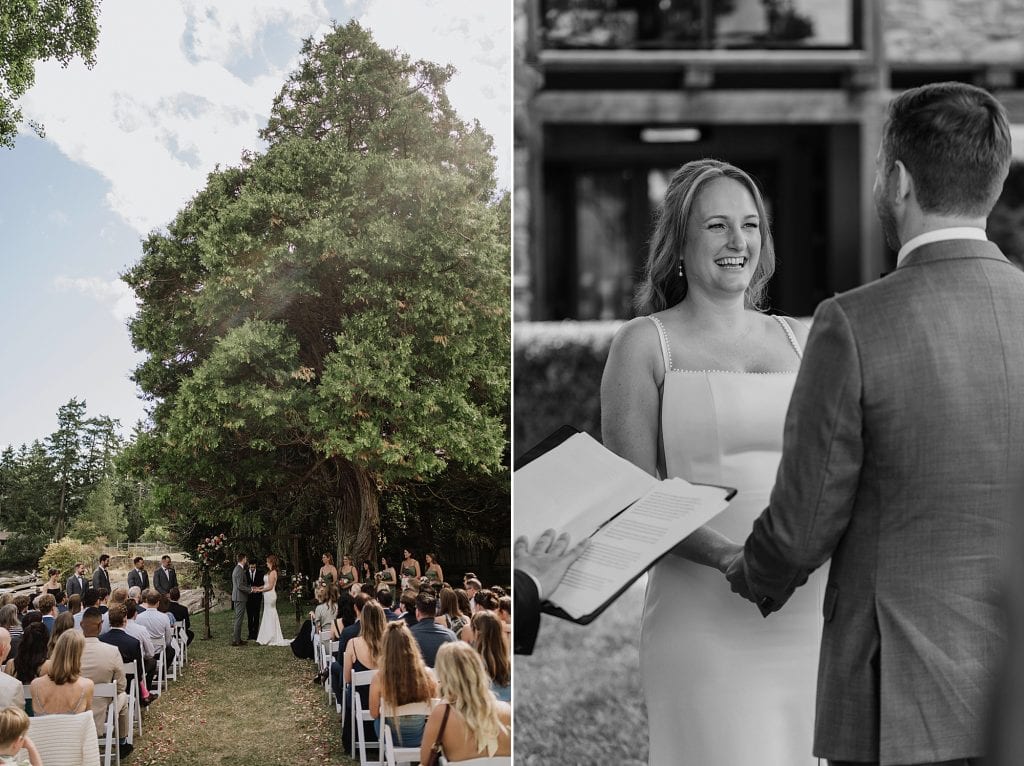 A couple exchanges vows outdoors before seated guests on the left; on the right, a close-up shows the bride smiling at the groom during the ceremony.