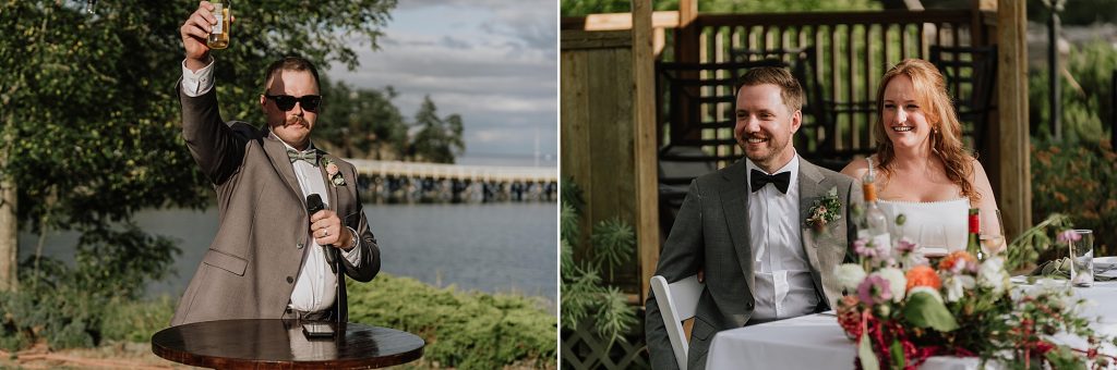 Split image: On the left, a man in a suit and sunglasses gives a toast outdoors by the water. On the right, a smiling couple sits at a decorated table, likely at a wedding reception.