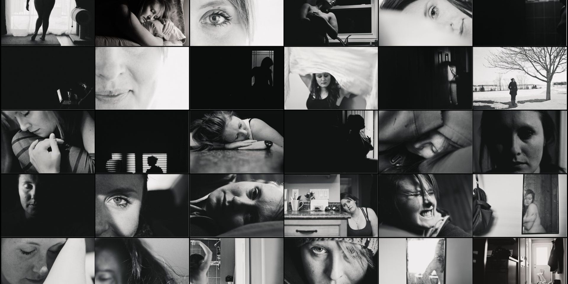 A collage of black-and-white photos features close-ups and portraits of a woman in various emotional and contemplative poses, both indoors and outdoors.