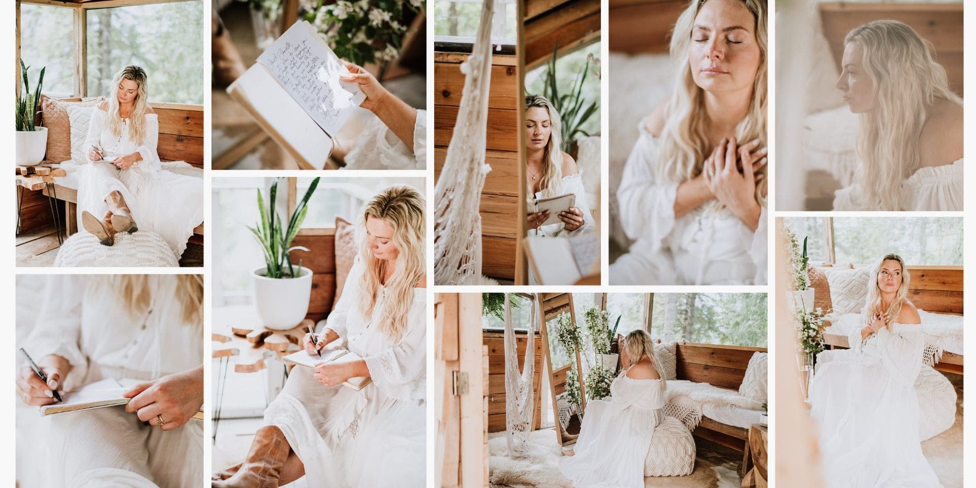 A woman in a white dress writes in a journal, meditates, and sits in a sunlit, wooden, plant-filled room with large windows.