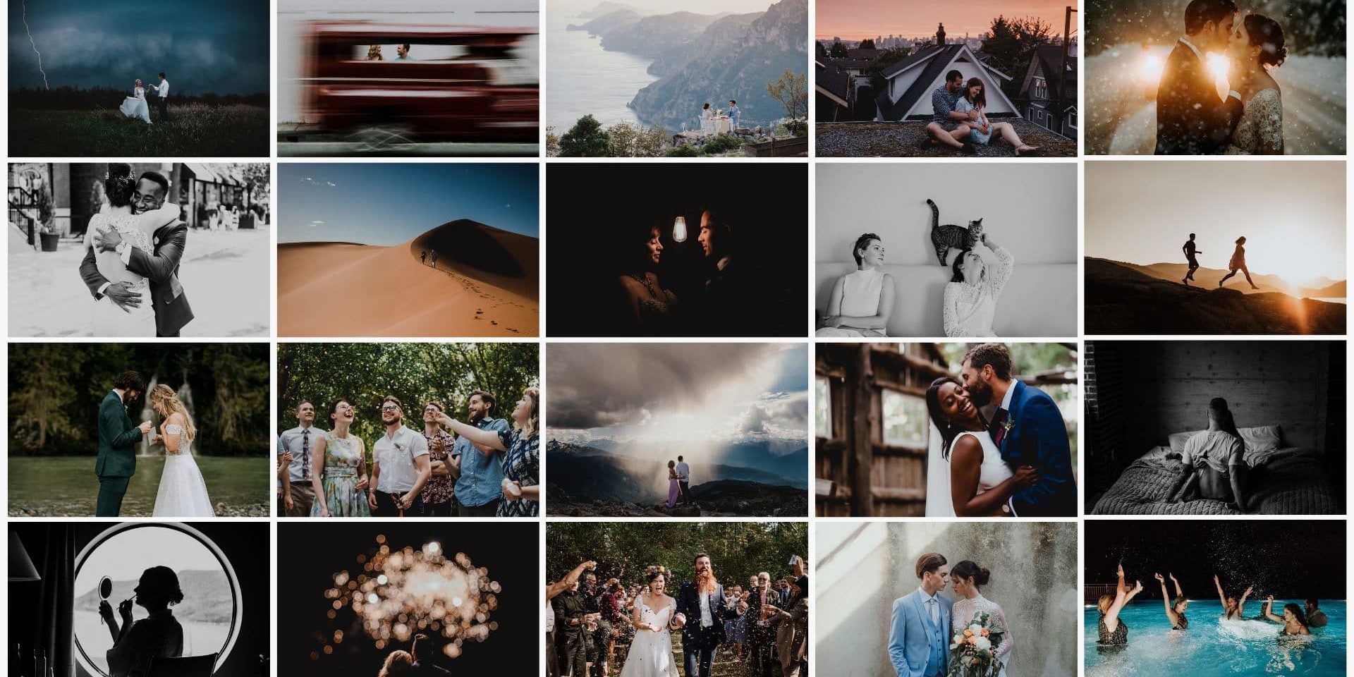 A collage of twenty wedding and couple photos, featuring various outdoor and indoor settings, candid moments, nature backdrops, and celebratory scenes.
