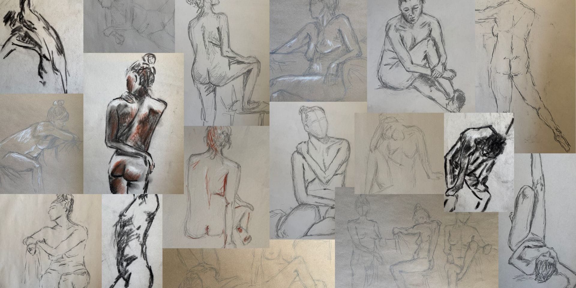 A collage of multiple figure drawings of a seated nude female model in various poses, sketched with charcoal and pencil on different shades of paper.