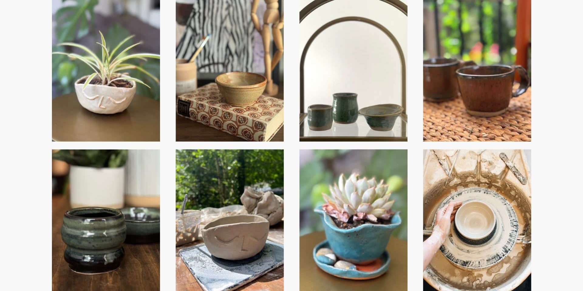 A grid of eight photos showing handmade ceramic pottery, including bowls, mugs, cups, a planter with a succulent, and a hand shaping clay on a pottery wheel.