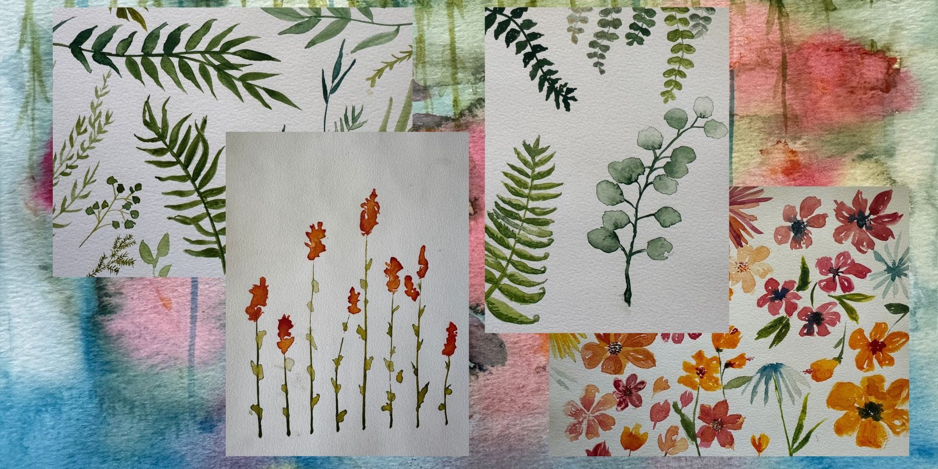 Five watercolor paintings of botanical elements, including green leaves and colorful flowers, are arranged on a vibrant watercolor background with abstract floral and leafy patterns.