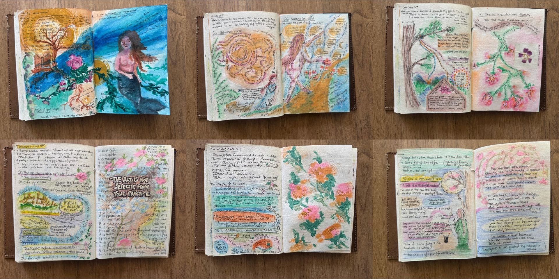 Six open sketchbook pages filled with colorful watercolor illustrations, hand-written notes, and diagrams are displayed on a wooden surface.