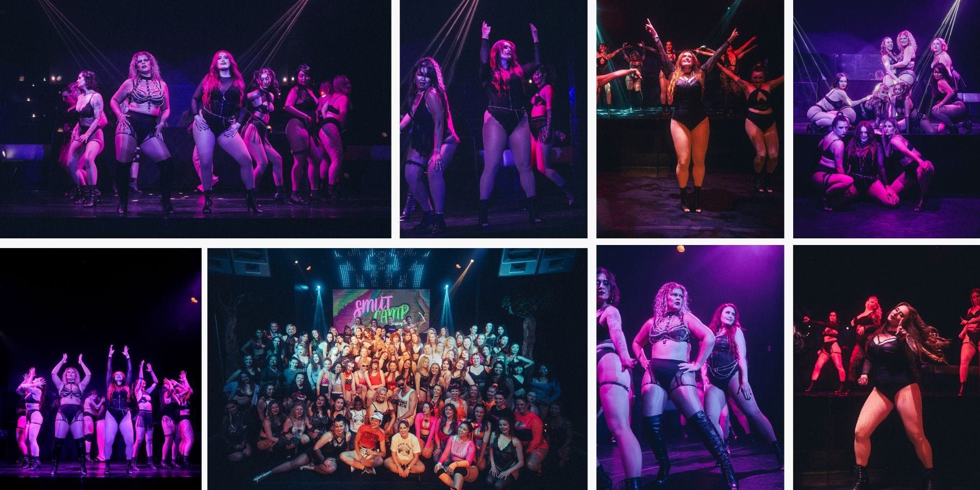 A collage of stage performances featuring multiple dancers in bold costumes, colorful lighting, and one group photo with a large gathering in front of a backdrop.